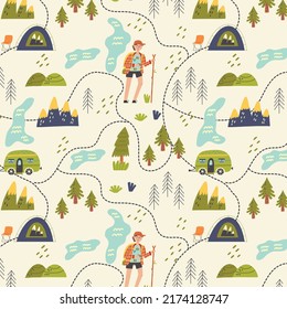 Nahtlose Musterkarte des Waldwanderns. Pfadfinderin, Fluss, Landschaft, Berg, Baum. Naturpapier für Kinderzimmer, Stoffdekor, Kinderhintergrund. Kinder wiederholen Hintergrund für Stoffdesign