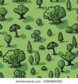 Motif harmonieux de carte. Vue de dessus de forêt verte dessinée à la main. Vue du parc depuis le dessus. Arrière-plan avec arbres
