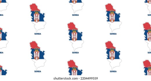 A seamless pattern  of the map of the state of Serbia in the colors of the Serbian flag. With the description of the name of the country "Serbia".