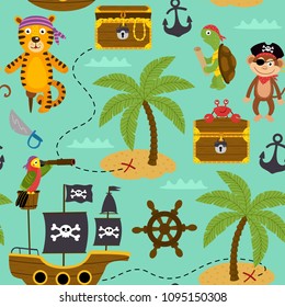 seamless pattern map of treasures with pirates animals  - vector illustration, eps