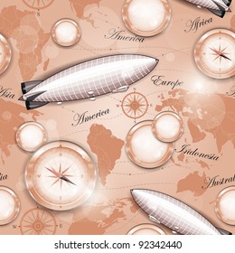 Seamless pattern - Map of the world, dirigible and compass, vector illustration, eps-10