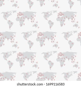 Seamless pattern Map of world with points of location Coronavirus COVID-19 . Virus bacteria Coronavirus nCoV