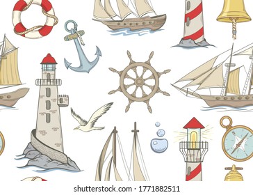 Seamless pattern with map, yachts, sea bell and seagulls. Hand drawn retro style
