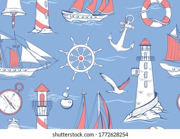 Seamless pattern with map, yachts, sea bell and seagulls. Hand drawn retro style
