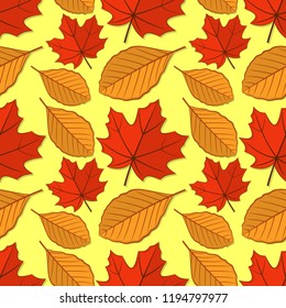 Seamless pattern with maple and beech autumn leaves. Vector illustration.