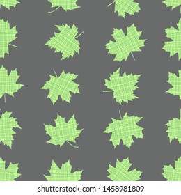 Seamless pattern with maple leaf silhouettes. Endless background with grid in the form of a maple leaf. The ornament with vertical stripes consisting of green leaves of the tree.