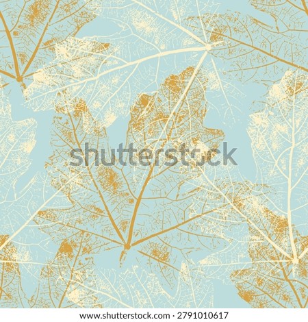 Seamless pattern with maple leaf skeletons on blue background. Vintage grunge botanical print for autumn textile, wedding invitation background or wrapping paper design