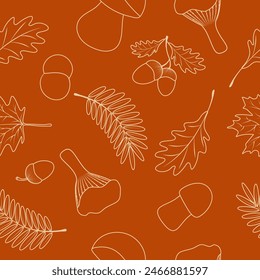 Seamless pattern with maple leaves, acorns, oak leaves, rowan leaves, ceps, mushrooms on brwn background.