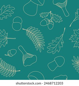 Seamless pattern with maple leaves, acorns, oak leaves, rowan leaves, ceps, mushrooms on geen background.