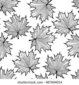 Seamless pattern with maple leaves. Black and white vector background.