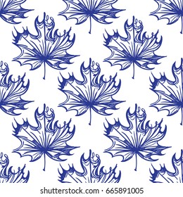 Seamless pattern with maple leaves of blue color on a white background.