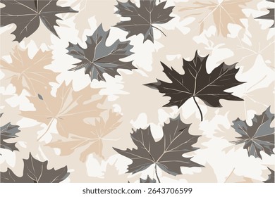 A seamless pattern of maple leaves and branches, with shades of gray, brown, black, beige, and white.Forest camouflage. Tree branches, leaves. Hunting camouflage with maple leaves texture.