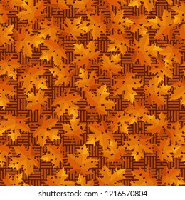 Seamless pattern. Maple leaves. Camouflage. Checkered background. Editable.