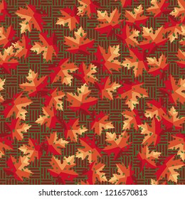 Seamless pattern. Maple leaves. Camouflage. Checkered background. Editable.