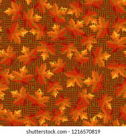 Seamless pattern. Maple leaves. Camouflage. Checkered background. Editable.