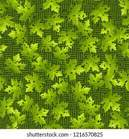 Seamless pattern. Maple leaves. Camouflage. Checkered background. Editable.