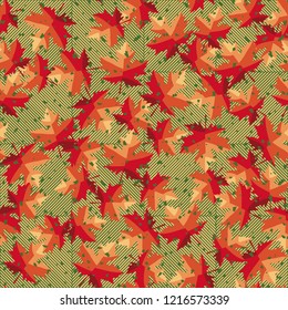 Seamless pattern. Maple leaves. Camouflage. Background from diagonally striped squares. Editable.