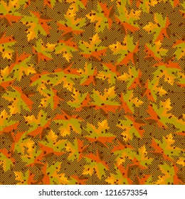 Seamless pattern. Maple leaves. Camouflage. Background from diagonally striped squares. Editable.