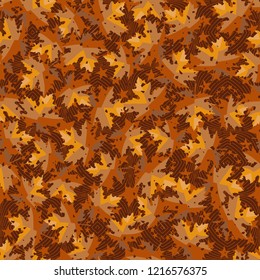 Seamless pattern. Maple leaves. Camouflage. Background of five-pointed stars and concentric figures. Editable.