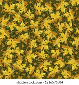 Seamless pattern. Maple leaves. Camouflage. Background of five-pointed stars and concentric figures. Editable.