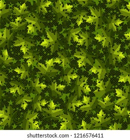 Seamless pattern. Maple leaves. Camouflage. Background of five-pointed stars and concentric figures. Editable.
