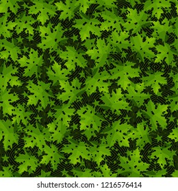 Seamless pattern. Maple leaves. Camouflage. Background of five-pointed stars and concentric figures. Editable.