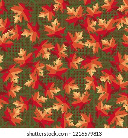 Seamless pattern. Maple leaves. Camouflage. Background of five-pointed stars and squares. Editable.