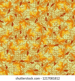 Seamless pattern. Maple leaves. Camouflage. Background of five-pointed stars and round spots. Editable.