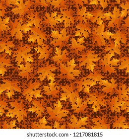 Seamless pattern. Maple leaves. Camouflage. Background of five-pointed stars and round spots. Editable.