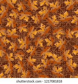 Seamless pattern. Maple leaves. Camouflage. Background of five-pointed stars and round spots. Editable.