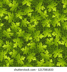 Seamless pattern. Maple leaves. Camouflage. Background of five-pointed stars and round spots. Editable.