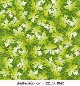 Seamless pattern. Maple leaves. Camouflage. Background of five-pointed stars and round spots. Editable.