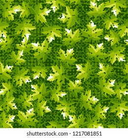 Seamless pattern. Maple leaves. Camouflage. Background of five-pointed stars and round spots. Editable.