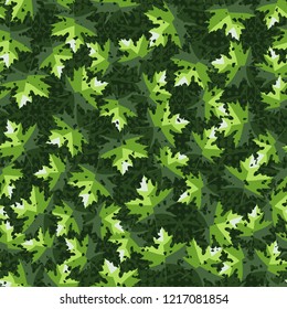 Seamless pattern. Maple leaves. Camouflage. Background of five-pointed stars and round spots. Editable.