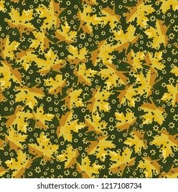 Seamless pattern. Maple leaves. Camouflage. Background of seven-pointed stars. Editable.