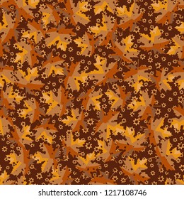 Seamless pattern. Maple leaves. Camouflage. Background of seven-pointed stars. Editable.