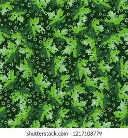 Seamless pattern. Maple leaves. Camouflage. Background of seven-pointed stars. Editable.