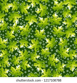 Seamless pattern. Maple leaves. Camouflage. Background of seven-pointed stars. Editable.