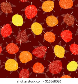 Seamless pattern with maple leaves. Colorful spots. Autumn texture. Backdrop with momiji leaves. Colorful spots. Contrast backdrop. For wallpaper, pattern fills, web page background, surface textures.