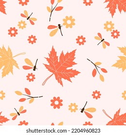 Seamless pattern with maple leaves, dragon flies and branches on pastel background vector illustration.