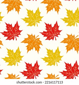 Seamless pattern maple leaves. Hand drawn vector illustration in warm colours. Background for Autumn harvest holiday, Thanksgiving, Halloween, seasonal, textile, scrapbooking.