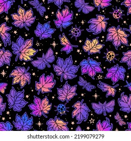 Seamless pattern of maple leaves and insects