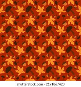 Seamless pattern maple leaves, mushrooms and acorns. Autumn design background.