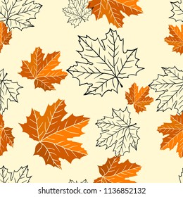 Seamless pattern with maple leaves on yellow background for wallpapers, textiles, papers, fabrics, web pages. Leaf ornament, vintage style.
