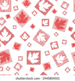 Seamless pattern of maple leaves on a white background. Leaves with a square texture. It has lines, stripes, dots. Flat design in red. Symbol of Canada. Vector illustration.