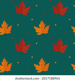 Seamless pattern with maple leaves on green background. Abstract autumn texture. Design for fabric, wallpaper, textile and decor.