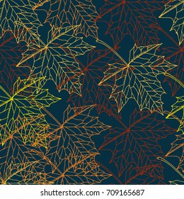 Seamless pattern with  maple leaves. Maple leaves on deep blue background. Red, orange, yellow leaves. Vector colorful background.