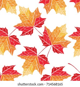 Seamless pattern with maple leaves. Maple leaves on white background. Red, orange, yellow leaves. Vector colorful background on white.