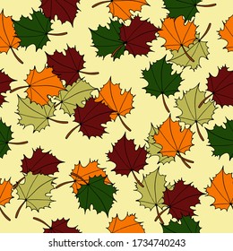 Seamless pattern with maple leaves. Vector illustration with maple leaves on a beige background. Packaging paper design. Printing on fabrics, clothing, and dishes. Doodle style. The autumn pattern.