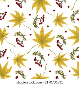 Seamless pattern with maple leaves viburnum berries. Vector graphics.